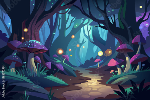 Enchanted Forest Illustration with Glowing Mushrooms and Magical Lights a Fantasy Landscape with a Winding Path and Dreamy Atmosphere Perfect for Children s Books and