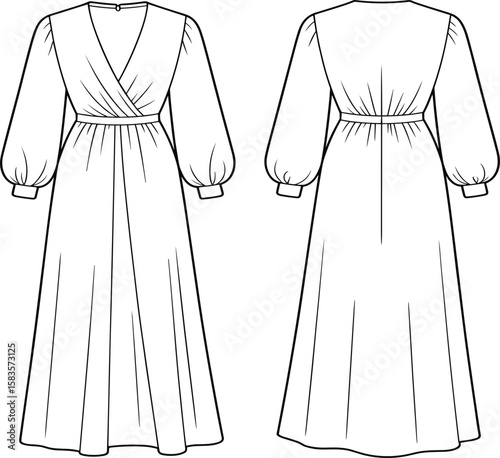 Cad drawing flat vector illustration, long sleeve maxi dress design, fashion sketch front and back view, sewing pattern, apparel