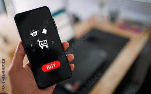 Mobile Retail Shopping Concept with Male Consumer Browsing Sales and Clothing Discounts via Smartphone, Featuring Digital Cart and Price Tags for Seamless Online Purchase Anywhere Anytime