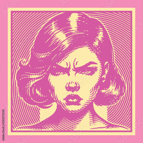  Pink color angry retro girl portrait engraving canvas template stamp lined halftone vector design vintage style expressive female face illustration art