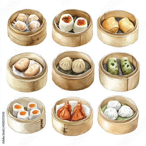 Watercolor Dim Sum Variety in Bamboo Steamers Delicious Asian Cuisine