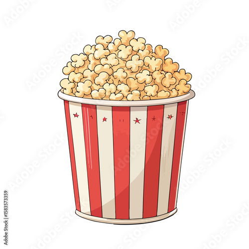 A popcorn bucket with freshly popped kernels flying, perfect for movie night themes, snack illustrations, and fun food content.