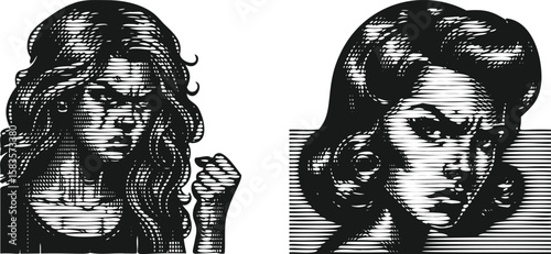  Monochrome lined engraving bundle featuring angry retro girl portrait, vintage style illustration, detailed hand-drawn face, expressive emotion, classic design for creative projects