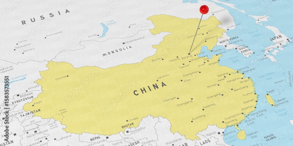 Obraz premium China, Beijing - push pin on political map - 3D illustration