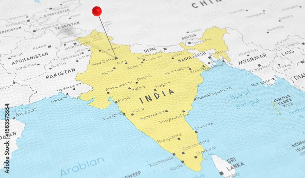 Obraz premium India, New Delhi - push pin on political map - 3D illustration