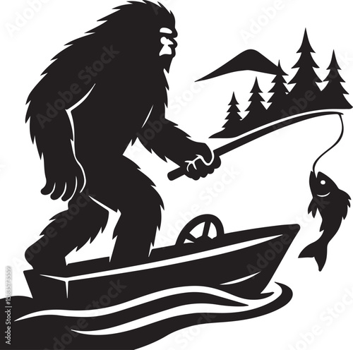 Bigfoot Yeti Black & white silhouette who is driving a boat on the river and catching fish