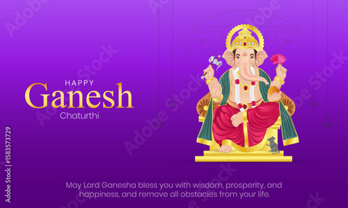 Happy Ganesh Chaturthi Banner and Greeting Card. Birthday Celebration of Lord Ganesh Background with Text and Lord Ganesha Vector Illustration