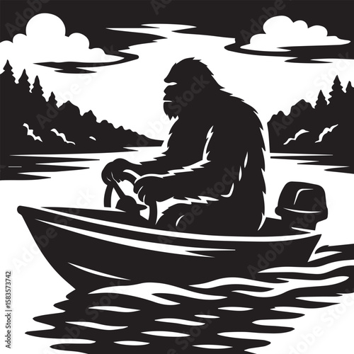 Bigfoot Yeti Black & white silhouette who is driving a boat on the river