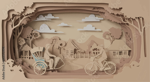 A layered paper art scene depicting a rural landscape with people traveling.