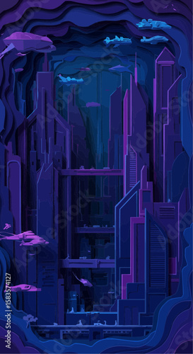 A stylized, vibrant, purple and violet city scape, with layered, paper-cut architecture.
