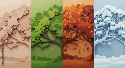 A colorful artistic representation of a tree in four different seasonal phases.