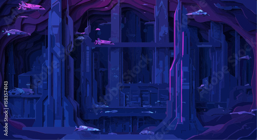 A futuristic city landscape with flying vehicles amidst towering structures, bathed in shades of blue and purple.