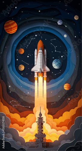 Space shuttle launch depicted in vibrant paper art, soaring through a cosmos of planets and stars.