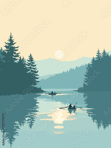 Worcester, Massachusetts – Lake Quinsigamond rowers at dawn in mist white, lake blue, pine green, and cream highlights
