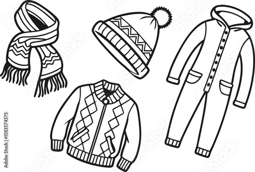 Winter Clothing Items Line Art Illustration Set
