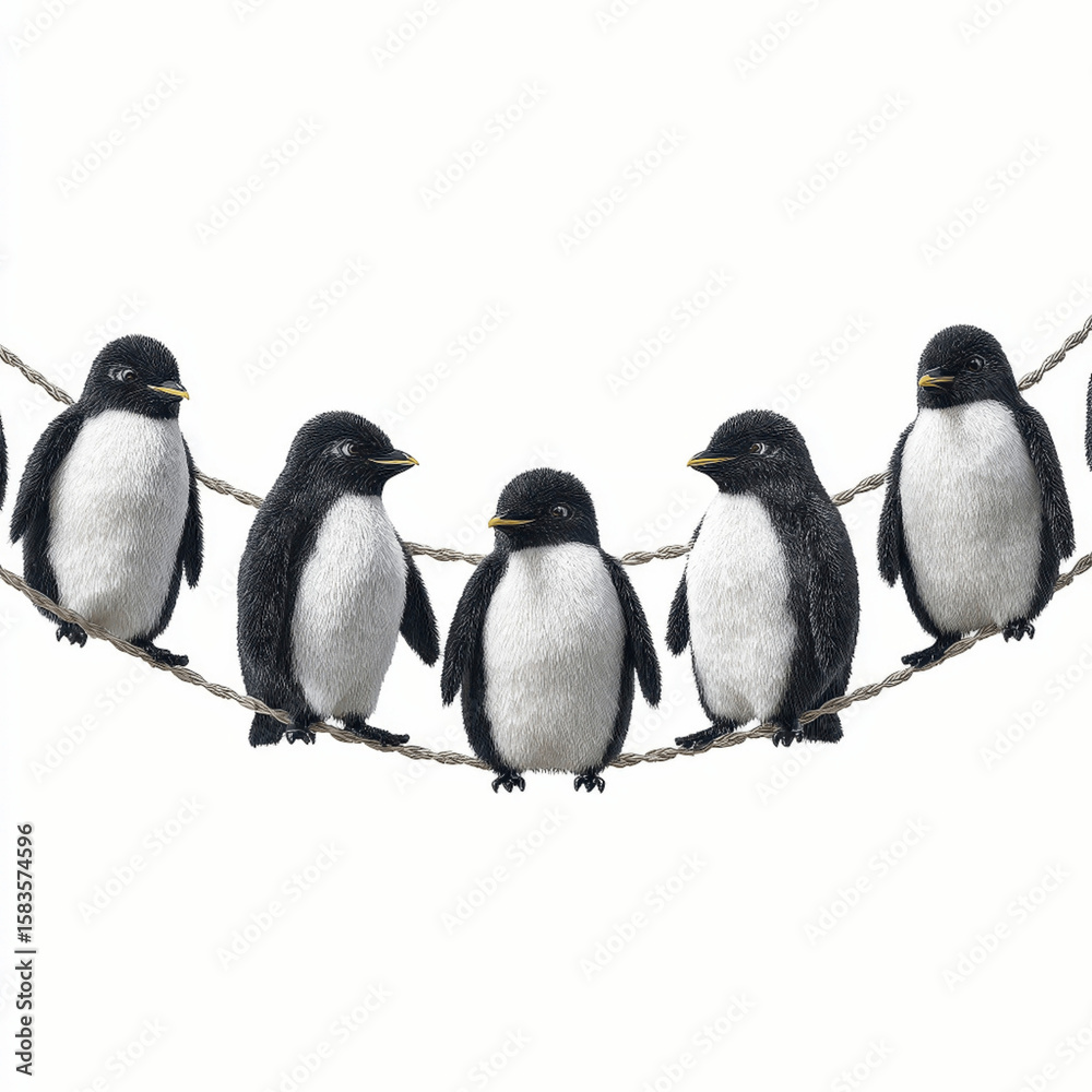Fototapeta premium Five Adorable Penguins Balancing on a Rope, Teamwork and Balance Concept