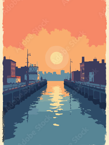 Yonkers, New York – Hudson River waterfront with Yonkers docks in deep blue water, steel gray piers, and sunset orange