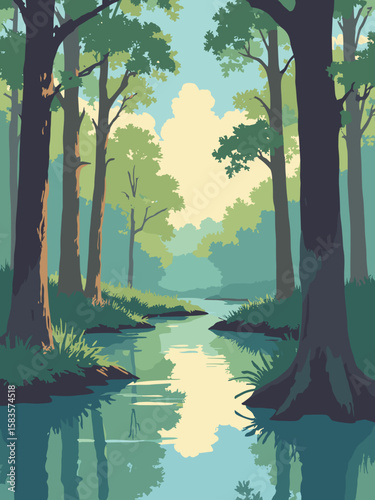 Fayetteville, North Carolina – Cape Fear River meandering through cypress trees in moss green, brown bark, and sky gold