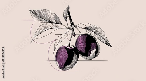 Detailed illustration of two plums on a branch with leaves