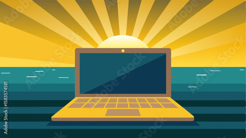 Rays of golden sunlight dance across the screen of a laptop p on an old worn dock overlooking a vast ocean.. Vector illustration