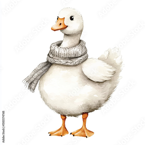Watercolor Duckling with Gray Scarf Standing Proudly Textured Feathers