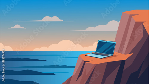 The juxtaposition of a laptop on a rugged cliff with the vast ocean view below creates a sense of tranquility and adventure all at once.. Vector illustration