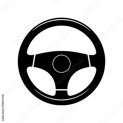 Steering Wheel Icon: A bold, monochrome illustration depicts a classic car steering wheel, showcasing its circular form and three-spoke design in stark black and white.