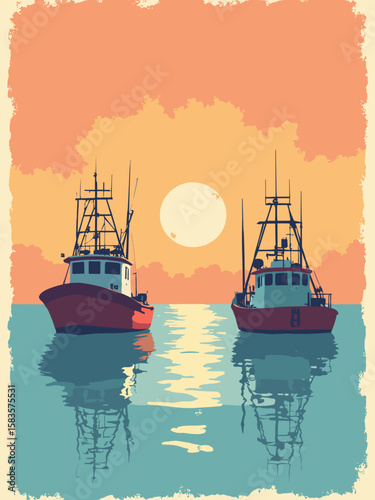 Mobile, Alabama – Mobile Bay shrimp boats at sunrise in bay aqua, hull red, and dawn gold