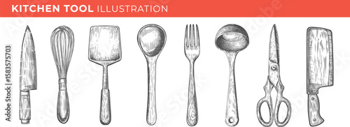 Set illustrations of kitchen tool isolated on transparent background. Vector graphics