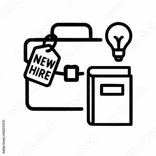 Briefcase with 'New Hire' tag and learning materials. Clean black outline showing orientation process