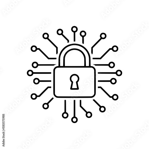 Outline Icon of Cybersecurity Represented by a Padlock with Electronic Circuits Around