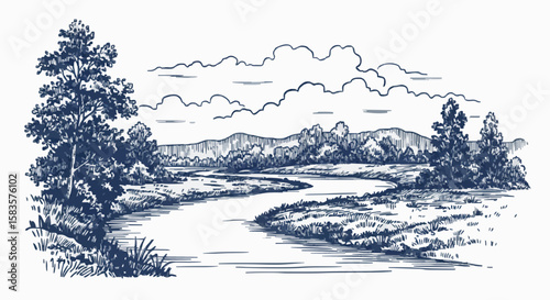 River porcelain decoration design (dark blue)
