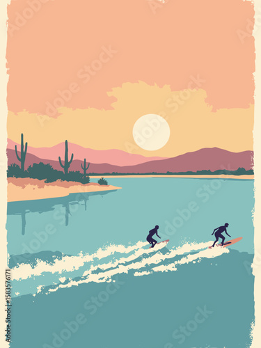 Peoria, Arizona – Lake Pleasant wakeboarders in aqua water, desert tan shoreline, and pastel sunset sky