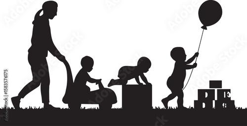 Silhouette of a Mother Pushing a Toy Car with a Baby, Another Crawling Over a Block, and a Toddler with a Balloon Playing with Blocks