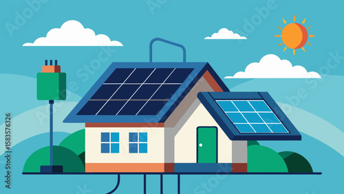 Solar panels on the roof provide all the electricity needed to power my computer and charging my devices.. Vector illustration