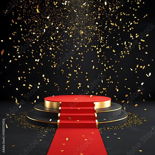 Free Vector - Red podium with golden confetti falling in the air.