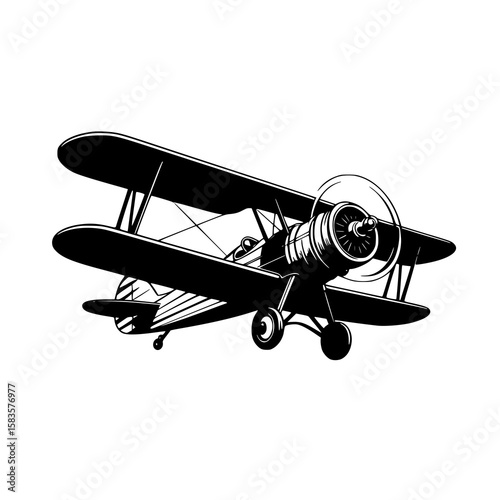 Vintage Biplane: A striking monochrome illustration depicts a classic biplane, its propeller and wings rendered in bold black silhouettes against a white background.