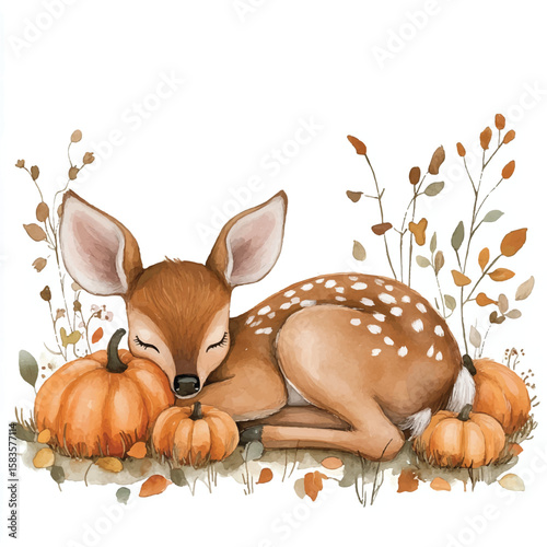 Watercolor Fawn Napping Amongst Pumpkins and Autumnal Foliage