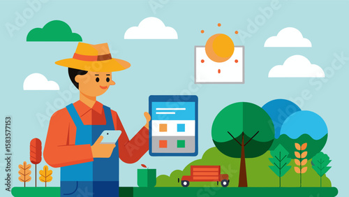 An illustration of a farmer checking weather forecasts and adjusting their planting schedule using a remote farm management app.. Vector illustration