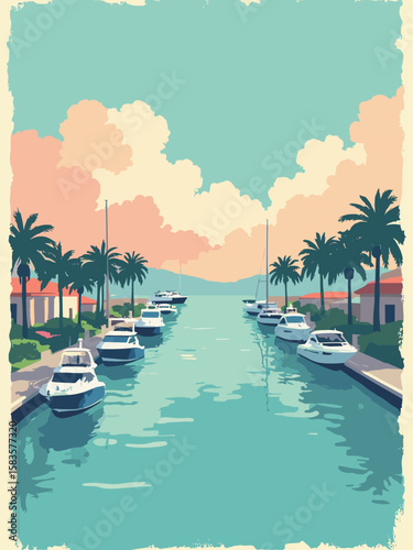 Fort Lauderdale, Florida – Intracoastal Waterway lined with yachts and palms in turquoise, cream, coral, and emerald
