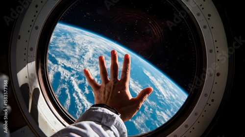 An astronauts hand reaches from the space window, touching the cosmos and evoking wonder