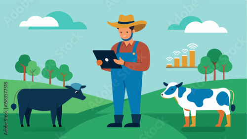 An illustration depicts a farmer standing in a field using a tablet to analyze data and make decisions based on AI recommendations for their cattle herd.. Vector illustration