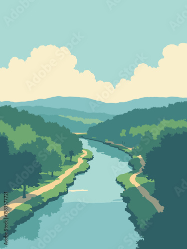 Clarksville, Tennessee – Cumberland River bend with riverside park in emerald, tan paths, and sky blue