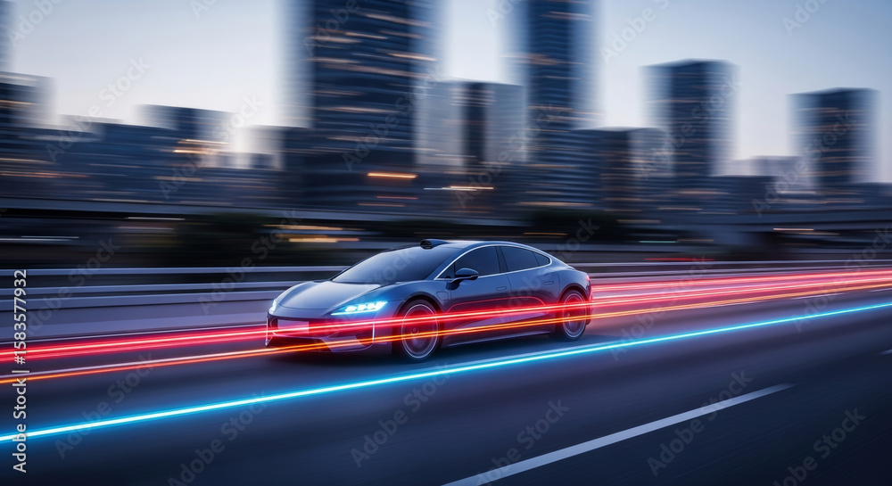 Fototapeta premium A sleek, dark autonomous electric car driving on a highway at dusk, with blurred city buildings in the background and vibrant light trails illustrating speed and technology.