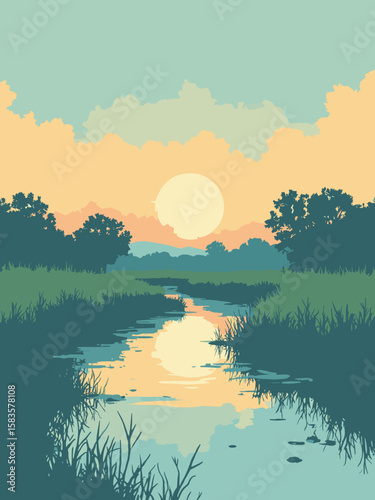 Elk Grove, California – Cosumnes River floodplain with wetland reflections in teal, marsh green, and dawn gold