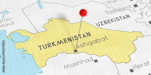 Turkmenistan, Ashgabat - push pin on political map - 3D illustration