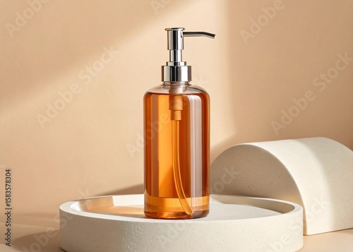 Clear Amber Colored Liquid Soap Dispenser with Silver Pump and Decorative Geometric Stands