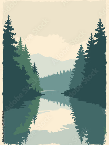 Salem, Oregon – Willamette River waterfront trees in forest green, river gray, and overcast sky