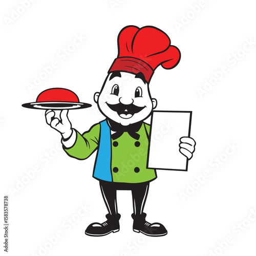 Chef character holding a tray and menu vector design colorful concept illustration.