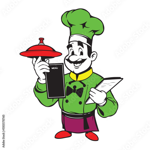 Chef character holding a tray and menu vector design colorful concept illustration.